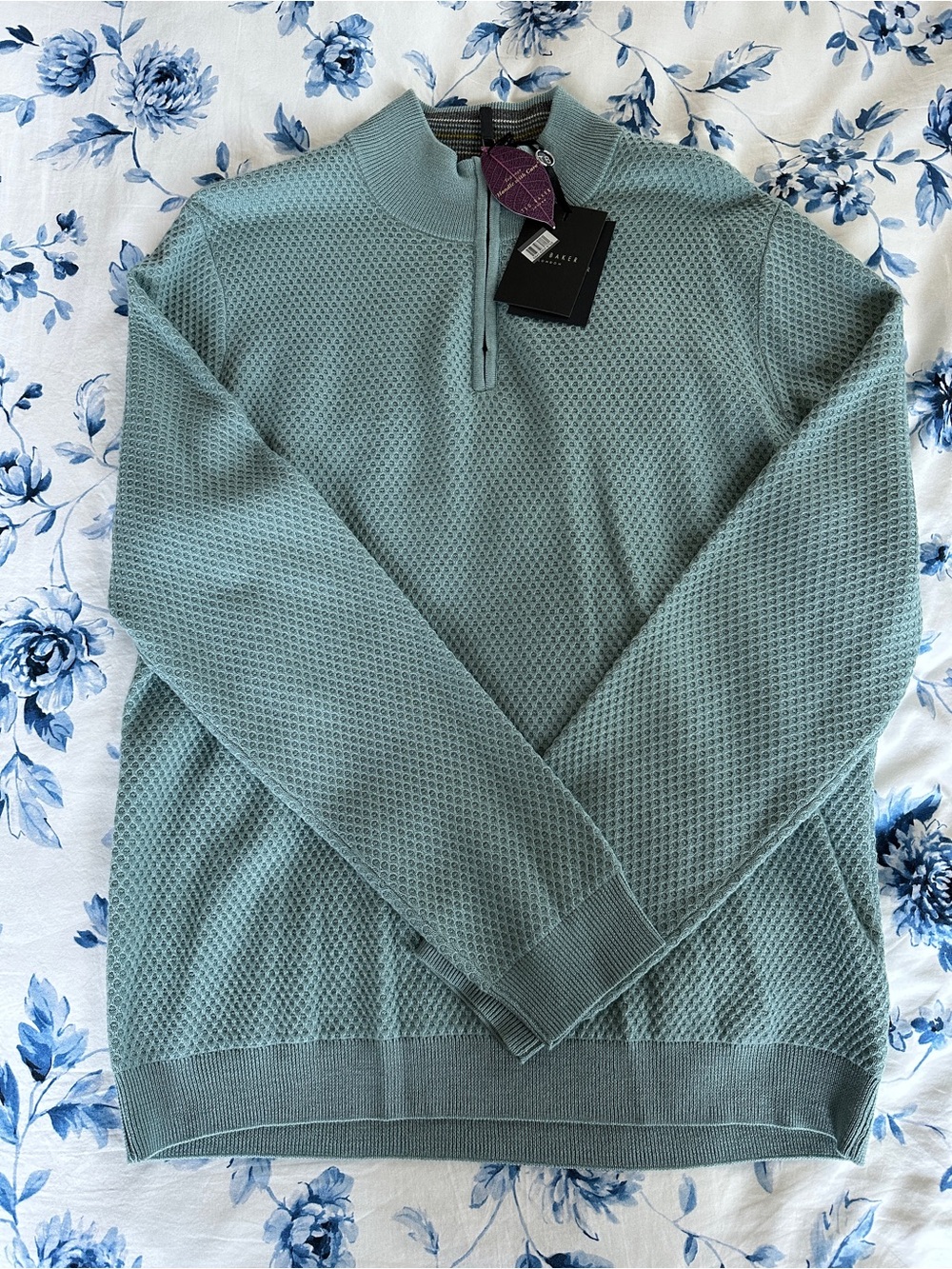 Ted Baker Men's Seafoam Green Textured Wool Blend 1/4 Zip Sweater Size XL